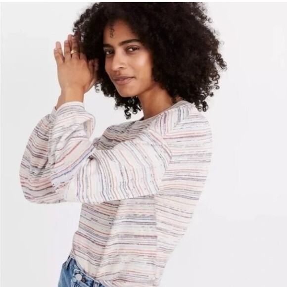 Madewell Bubble-Sleeve Crop Sweater Top in Rainbow Stripe Size XS - Picture 1 of 7